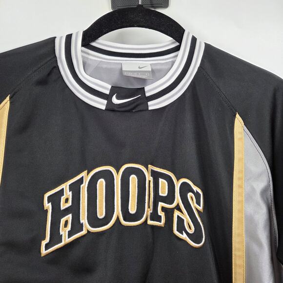 VTG Nike Hoops Big Spell out Embroidered Bball Warm Up Jersey Size L Gold Black - Picture 2 of 6